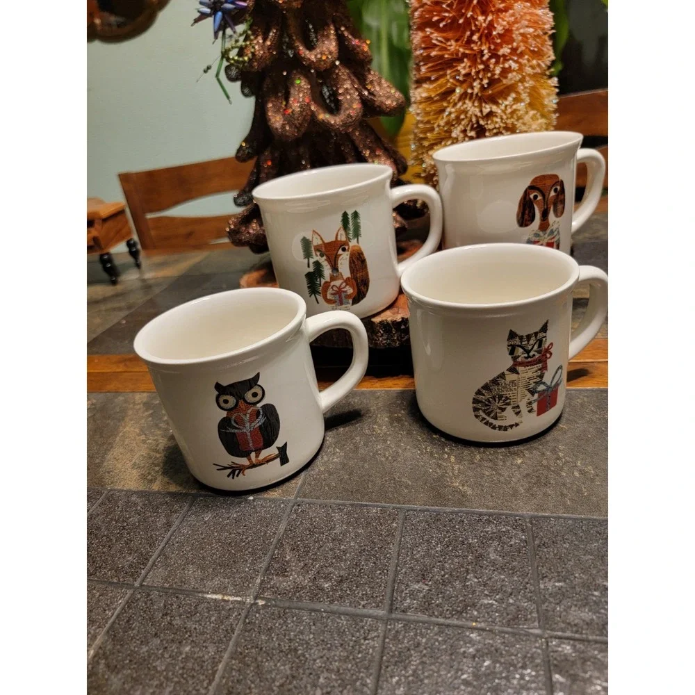 (4) Pottery Barn Denise Fiedler Whimsical Christmas Mugs Cat Fox Owl Dog 16 Oz